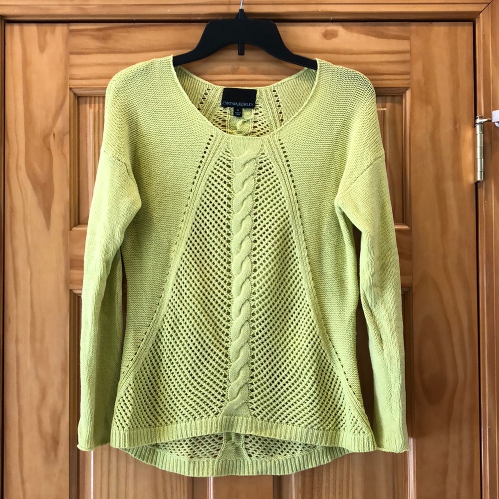 Cynthia Rowley Lime Green Cable Knit Partial Open Knit Pullover Sweater